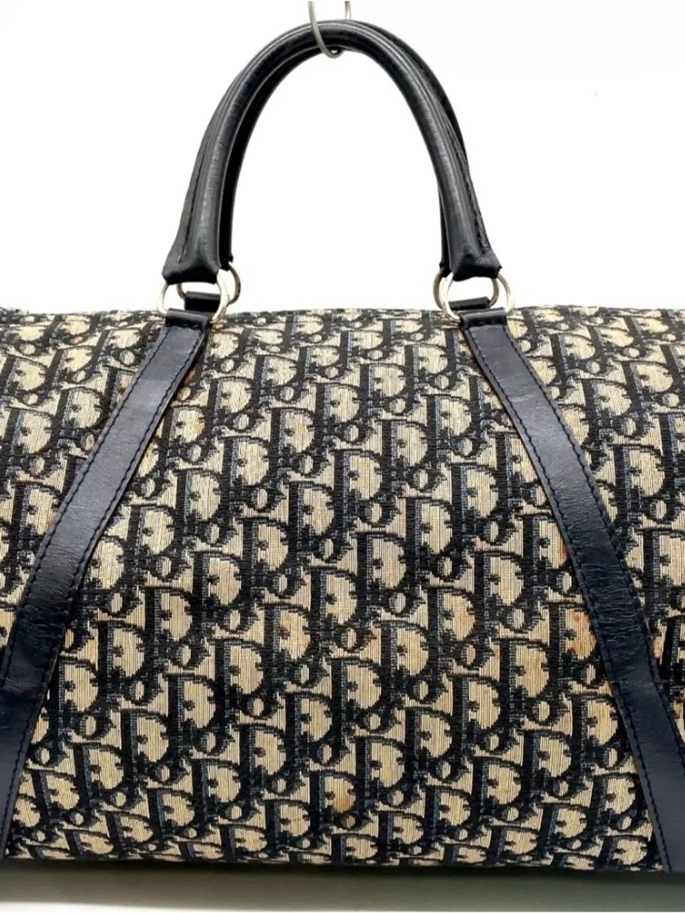 Authentic Christian  Dior trotter pattern Canvas Navy Boston  Bag 40